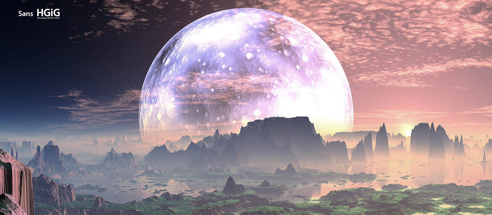 Une scène d’une aube sur une planète ressemblant à la Terre idyllique est divisée en deux parties - à gauche, l’image est plus terne et moins brillante et le texte indique Sans HGiG dans le coin supérieur gauche. à droite se trouve une scène plus lumineuse et le texte indique Avec HGiG dans le coin supérieur droit.