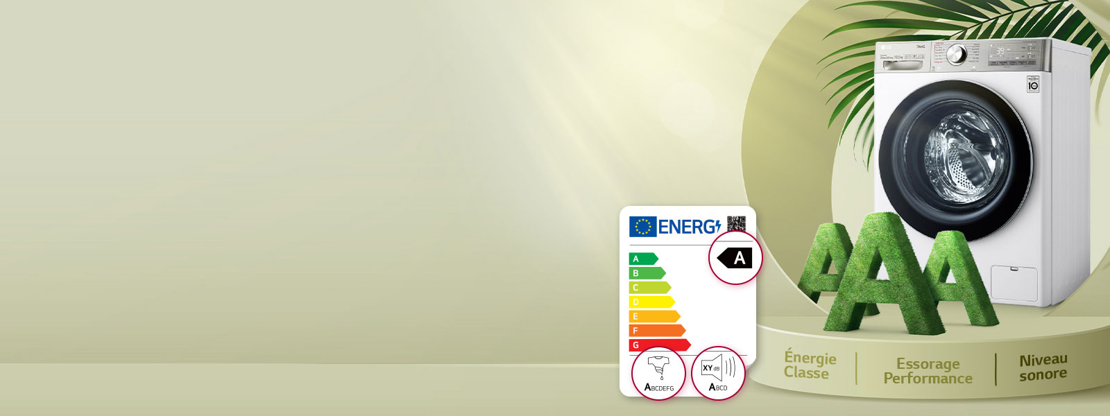 Sur un fond vert, un lave-linge et trois A majuscules sont placés sur la plate-forme, avec une étiquette énergétique à c?té, et les feuilles sont derrière eux.