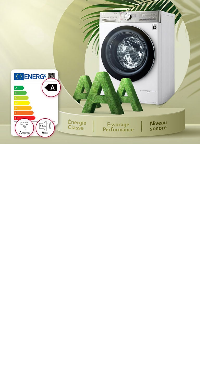 Sur un fond vert, un lave-linge et trois A majuscules sont placés sur la plate-forme, avec une étiquette énergétique à c?té, et les feuilles sont derrière eux.