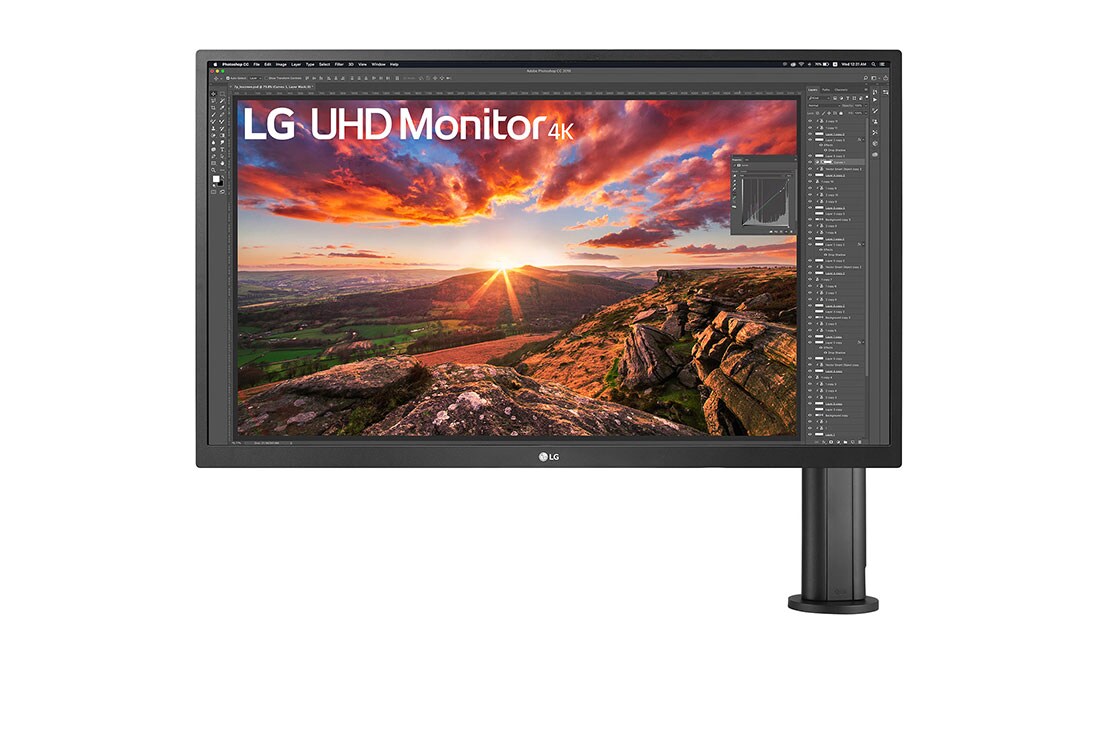 LG écran IPS UHD 4K 27'' avec Ergo, vue de face avec le bras du moniteur sur la droite, 27UK580-B