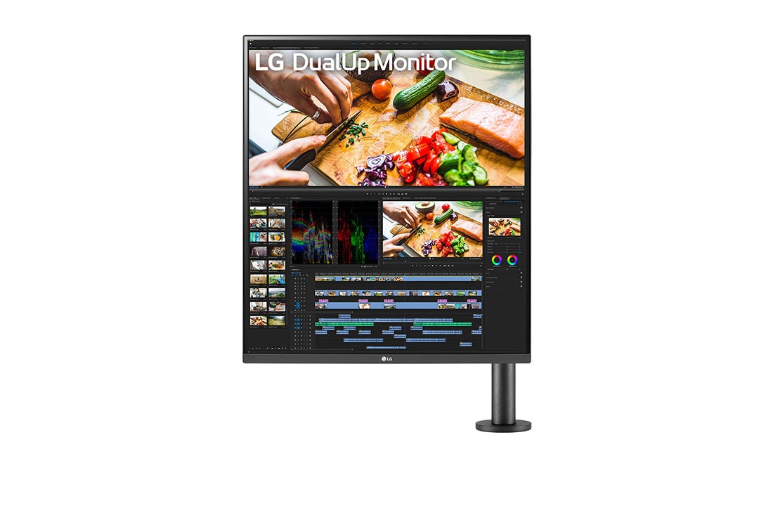 LG Moniteur DualUp 16:18 de 27,6 pouces avec support Ergo et USB Type-C?, vue de face avec le bras du moniteur sur la droite, 28MQ780-B