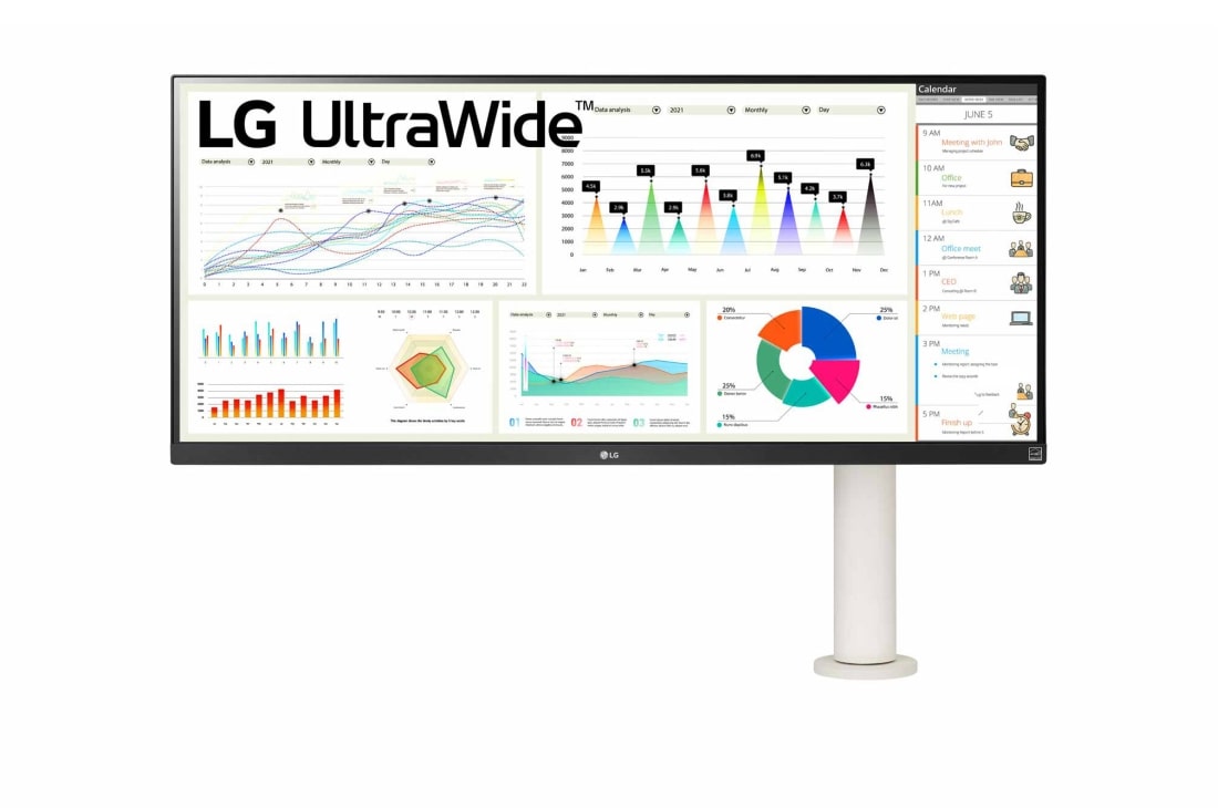 LG Moniteur 34'' 21:9 UltraWide? FHD (2560 x 1080) avec support Ergo, vue de face avec le bras du moniteur sur la droite, 34WQ680-W