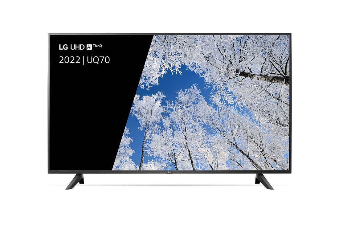 LG TéLéVISEUR UHD 4K, Vue avant du téléviseur UHD de LG avec image de remplissage et logo du produit, 65UQ70006LB