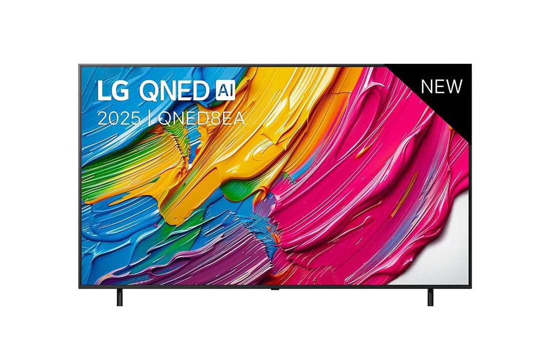 LG Smart TV LG QNED AI QNED8E 4K 2025 86 pouces, Vue avant de la LG QNED8E TV, logo LG QNED Al, dans le coin supérieur. La LG QNED TV représente des textures colorées semblables à de la peinture, réunies., 86QNED8EA6B