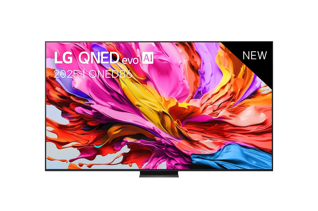 LG Smart TV LG QNED evo AI QNED86 MiniLED  4K 2025 100 pouces, Vue avant de la TV LG QNED evo QNED86, logo LG QNED evo Al, dans le coin supérieur. La TV LG QNED evo QNED85 représente des textures colorées semblables à de la peinture, réunies., 100QNED86A6