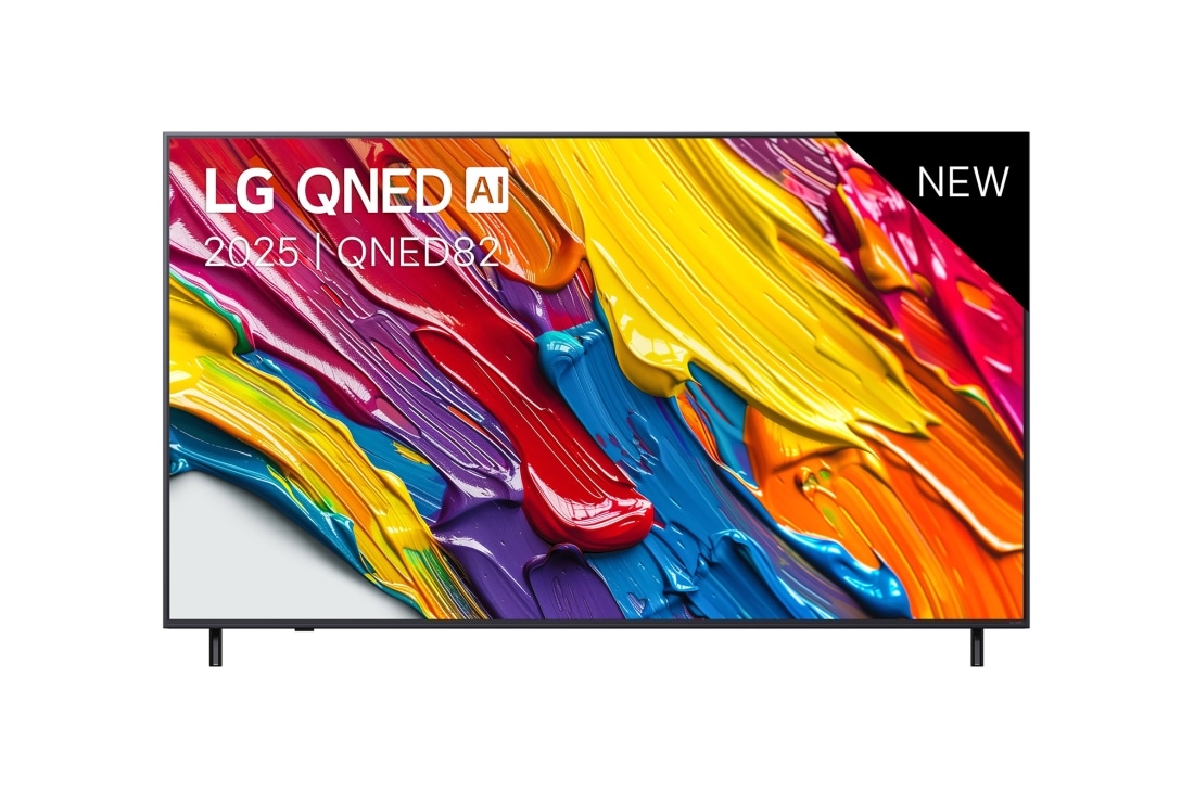 LG Smart TV LG QNED AI QNED82 4K 2025 43 pouces, Vue avant de la LG QNED82 TV, logo LG QNED Al, dans le coin supérieur. La LG QNED TV représente des textures colorées semblables à de la peinture, réunies., 43QNED82A6B