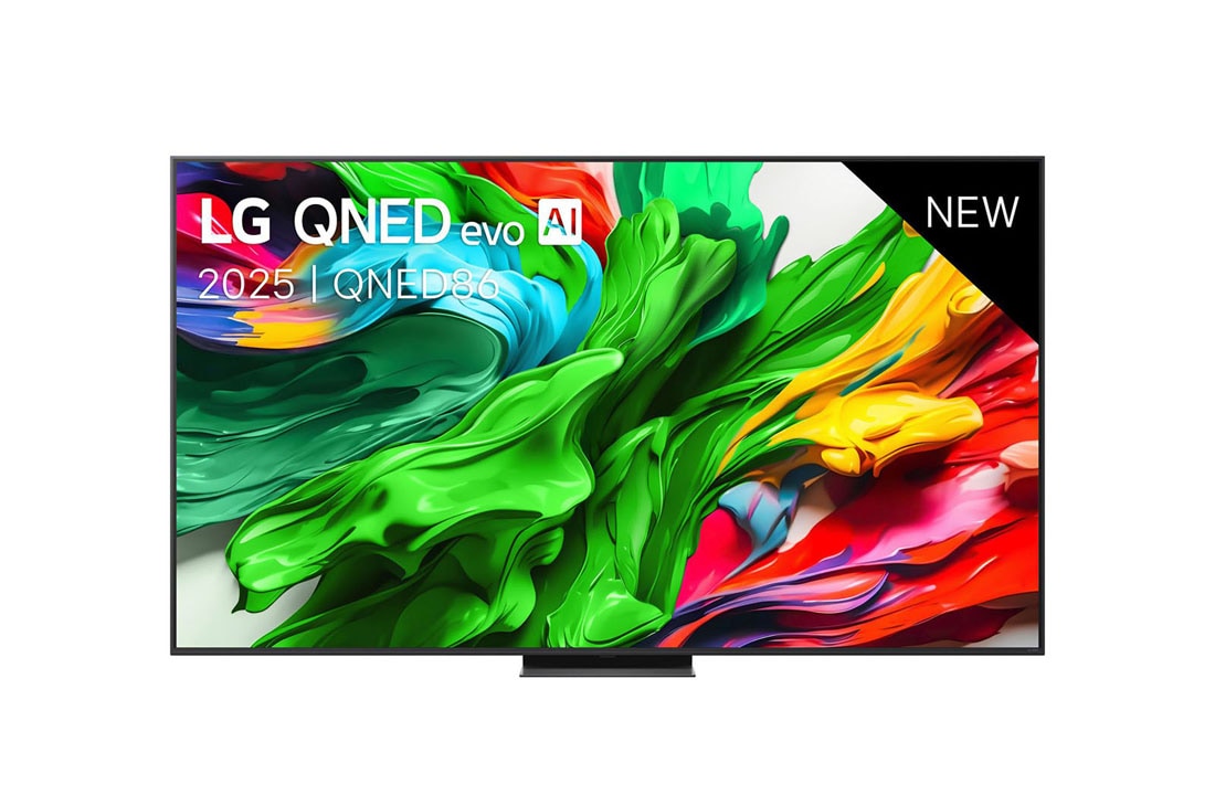 LG Smart TV LG QNED evo AI QNED86 MiniLED 4K 2025 86 pouces, Vue avant de la TV LG QNED evo QNED86, logo LG QNED evo Al, dans le coin supérieur. La TV LG QNED evo QNED85 représente des textures colorées semblables à de la peinture, réunies., 86QNED86A6A