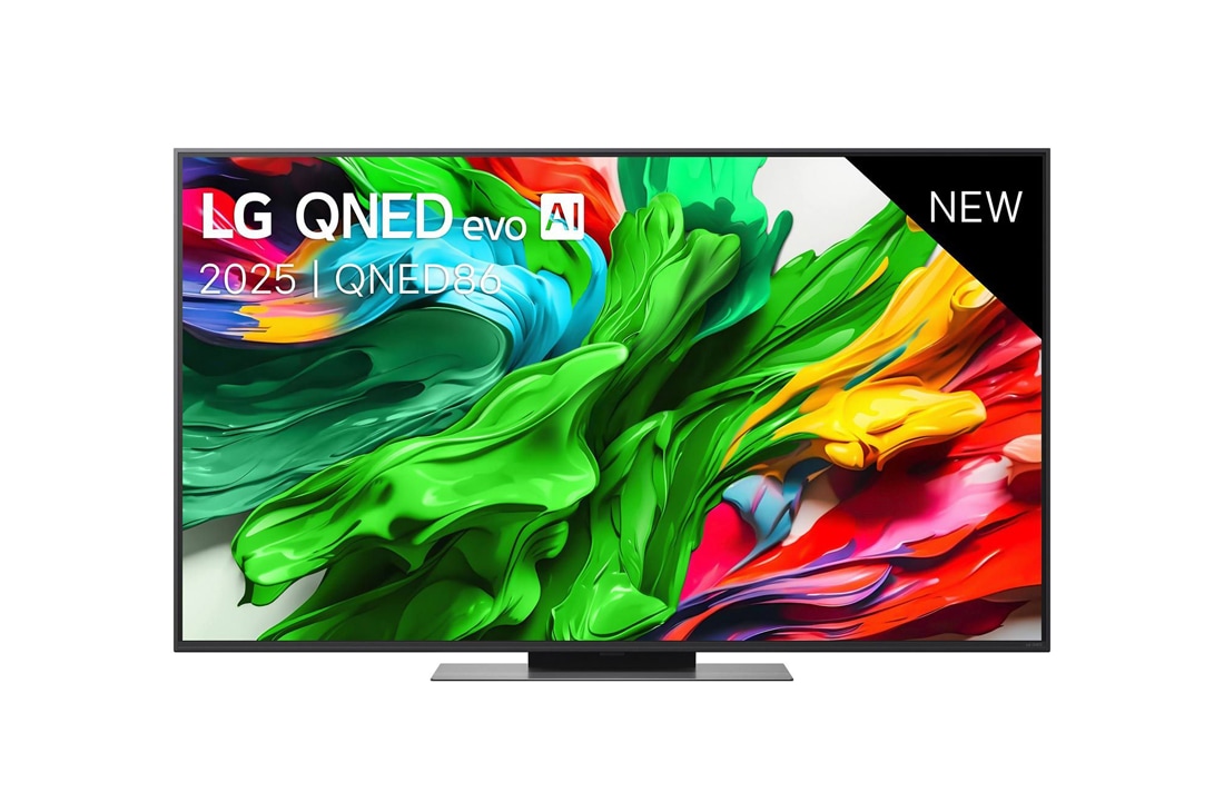 LG Smart TV LG QNED evo AI QNED86 MiniLED 4K 2025 55 pouces, Vue avant de la TV LG QNED evo QNED86, logo LG QNED evo Al, dans le coin supérieur. La TV LG QNED evo QNED85 représente des textures colorées semblables à de la peinture, réunies., 55QNED86A6A