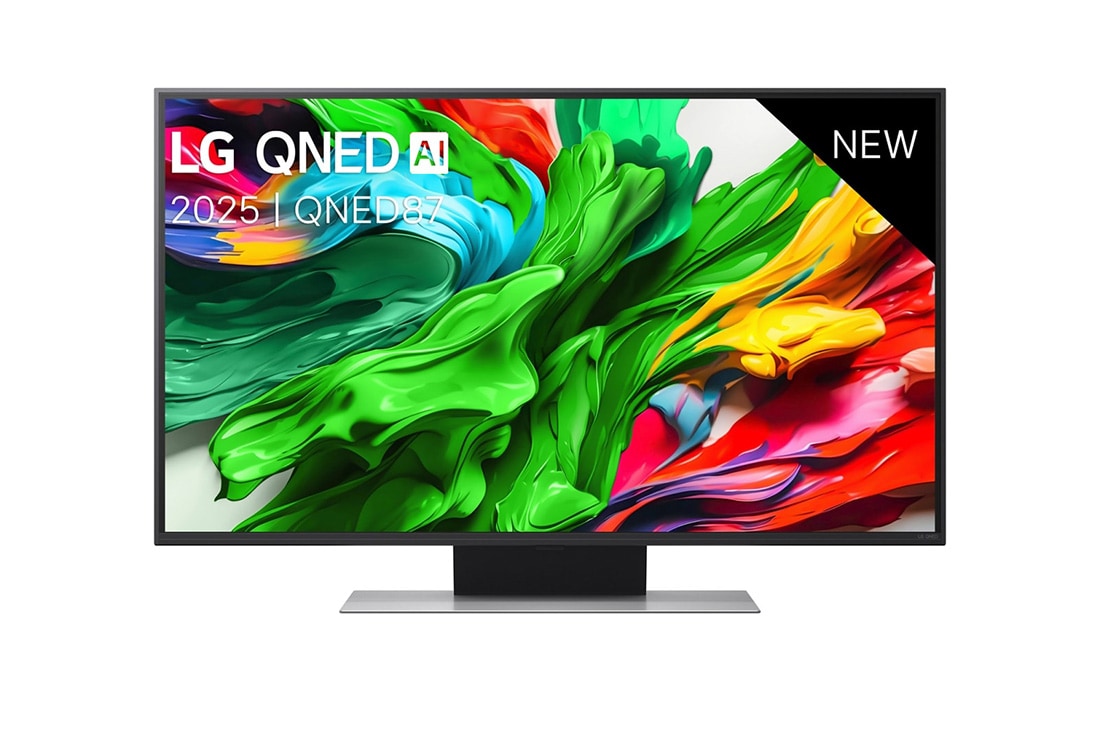 LG Smart TV LG QNED AI QNED87 4K 2025 43 pouces, Vue avant de la TV LG QNED evo QNED92, logo LG QNED evo Al, dans le coin supérieur. La TV LG QNED evo QNED92 représente des textures colorées semblables à de la peinture, réunies., 43QNED87A6D