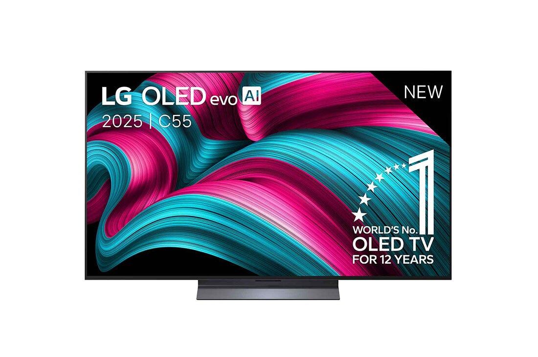 LG Smart TV LG OLED evo AI 4K C5 2025 65 pouces, Vue avant de la Smart TV LG OLED evo AI C55 4K. L’emblème OLED numéro 1 dans le monde pendant 12 ans et le logo LG OLED evo AI 2025 sont à l’écran., OLED65C55LA