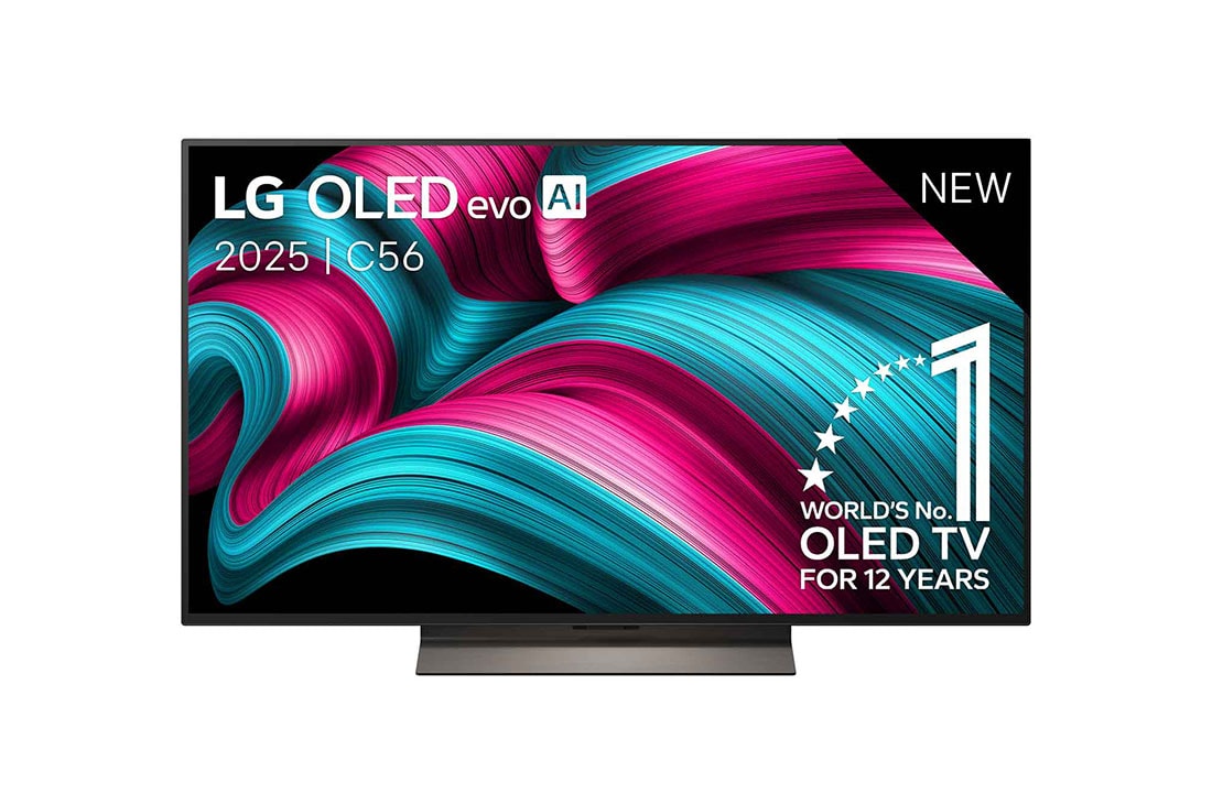 LG Smart TV LG OLED evo AI 4K C5 2025 48 pouces, Vue avant de la Smart TV LG OLED evo AI C55 4K. L’emblème OLED numéro 1 dans le monde pendant 12 ans et le logo LG OLED evo AI 2025 sont à l’écran., OLED48C56LB