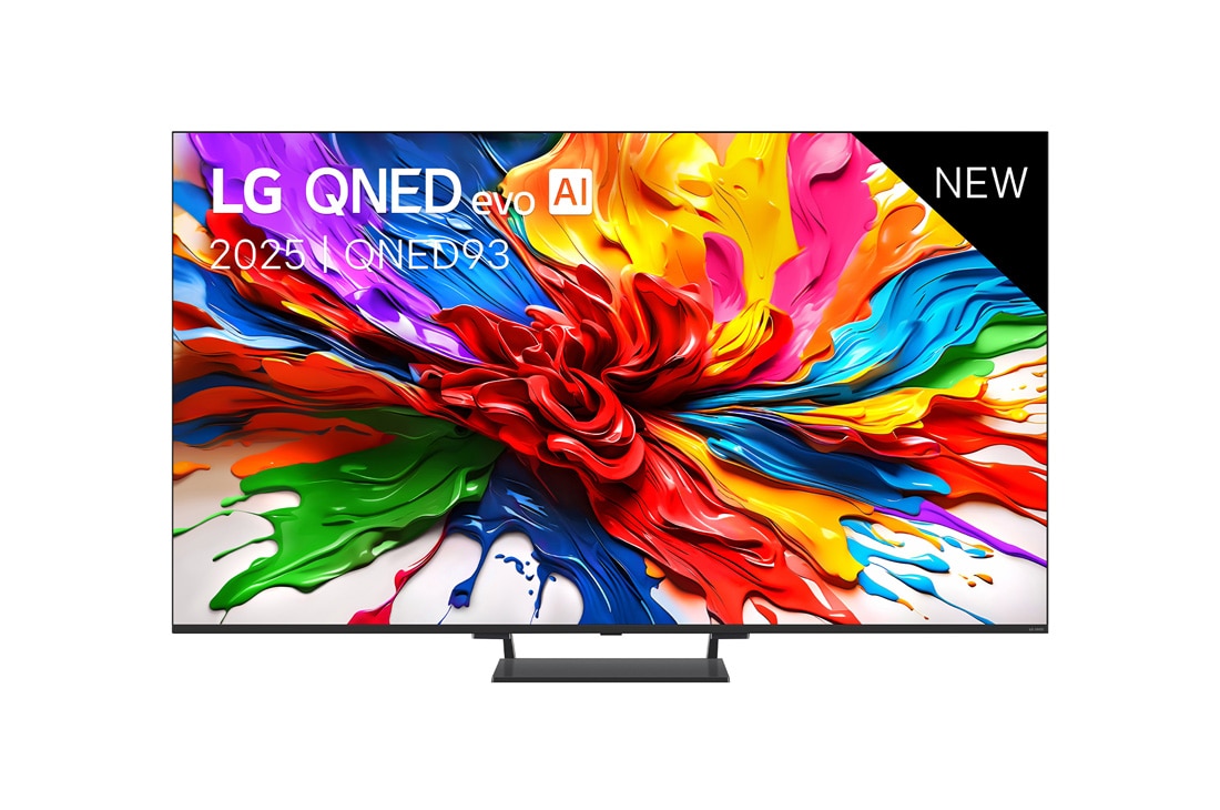 LG Smart TV LG QNED evo AI QNED93 MiniLED 4K 2025 85 pouces, Vue avant de la TV LG QNED evo QNED92, logo LG QNED evo Al, dans le coin supérieur. La TV LG QNED evo QNED92 représente des textures colorées semblables à de la peinture, réunies., 85QNED93A6A