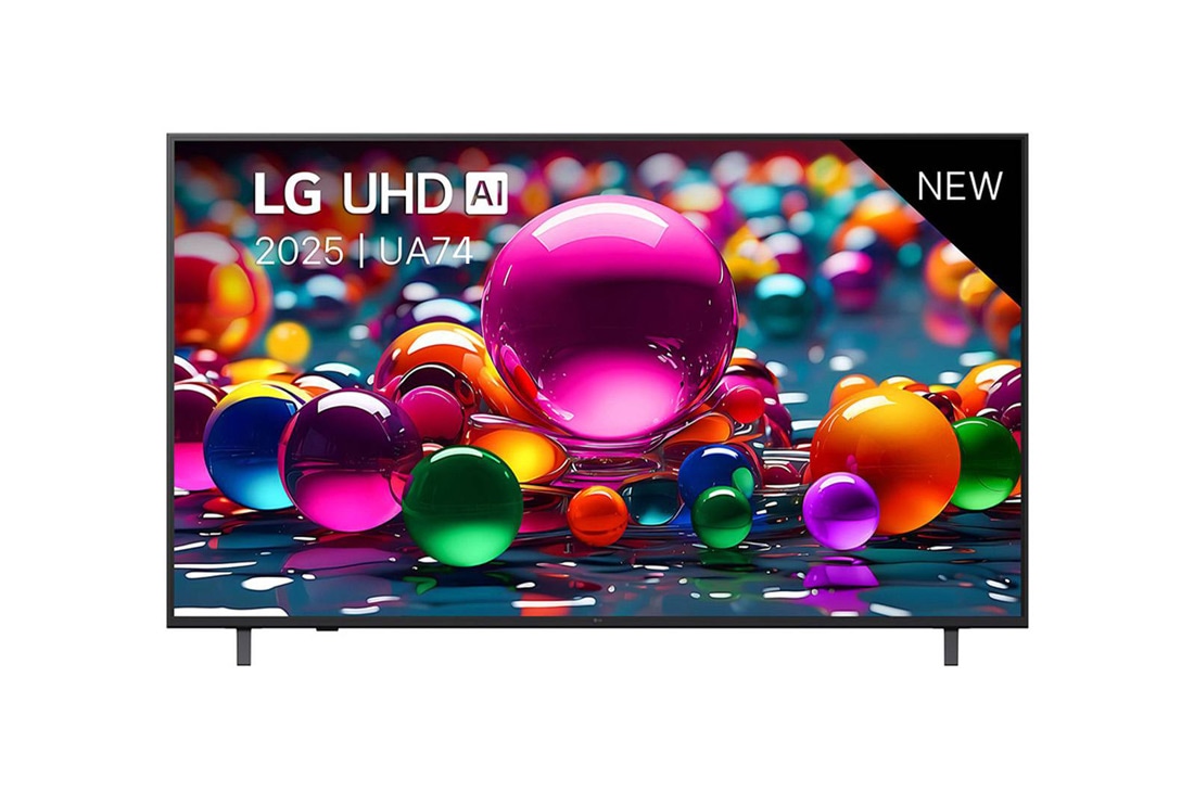 LG Smart TV LG UHD AI UA74 4K 2025 65 pouces, Vue avant d’une TV UHD UA74, logo LG UHD Al dans le coin supérieur. La LG UHD TV représente des textures colorées semblables à de la peinture, réunies., 65UA74006LB