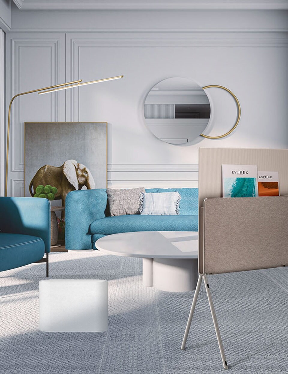Un téléviseur LG aux allures d'?uvre d'art s'intègre dans un salon au design moderne