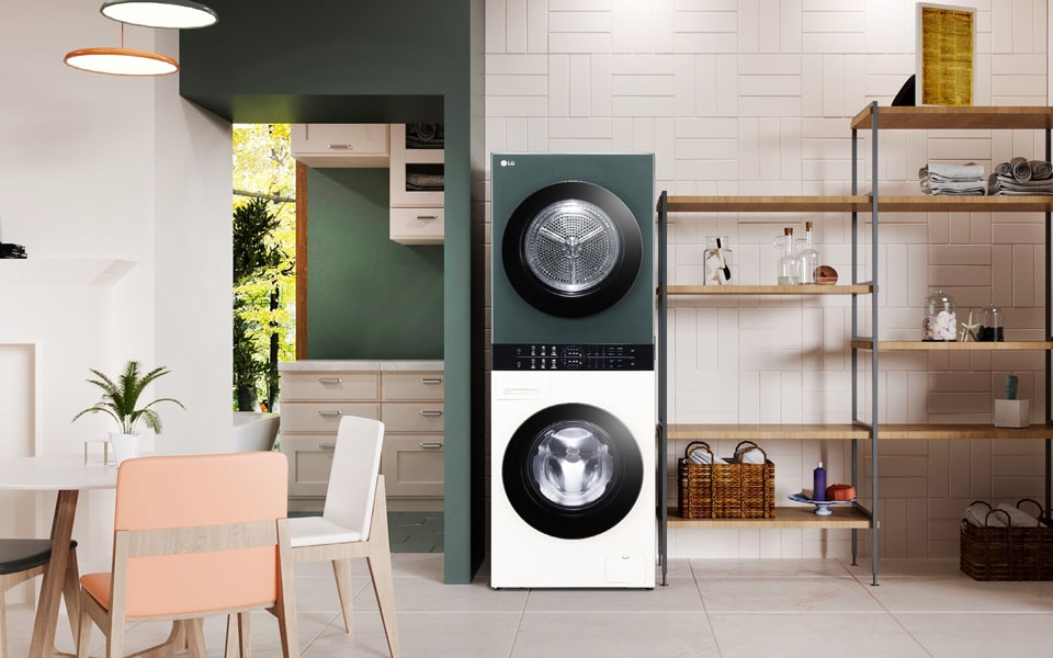 Espace de vie grand public LG avec lave-linge / sèche-linge, salle de mise en scène de design d’intérieur