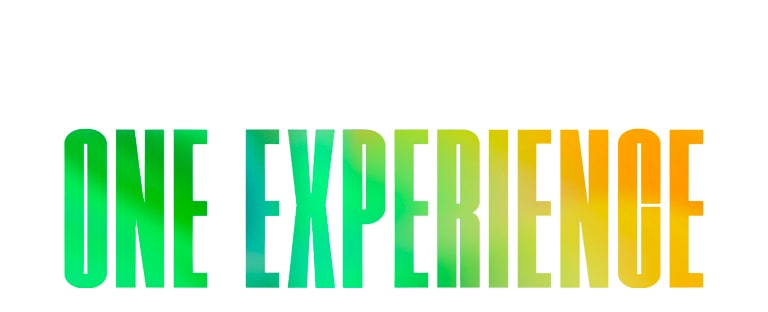 Думите ?ONE EXPERIENCE“ в зелен и жълт графичен модел.