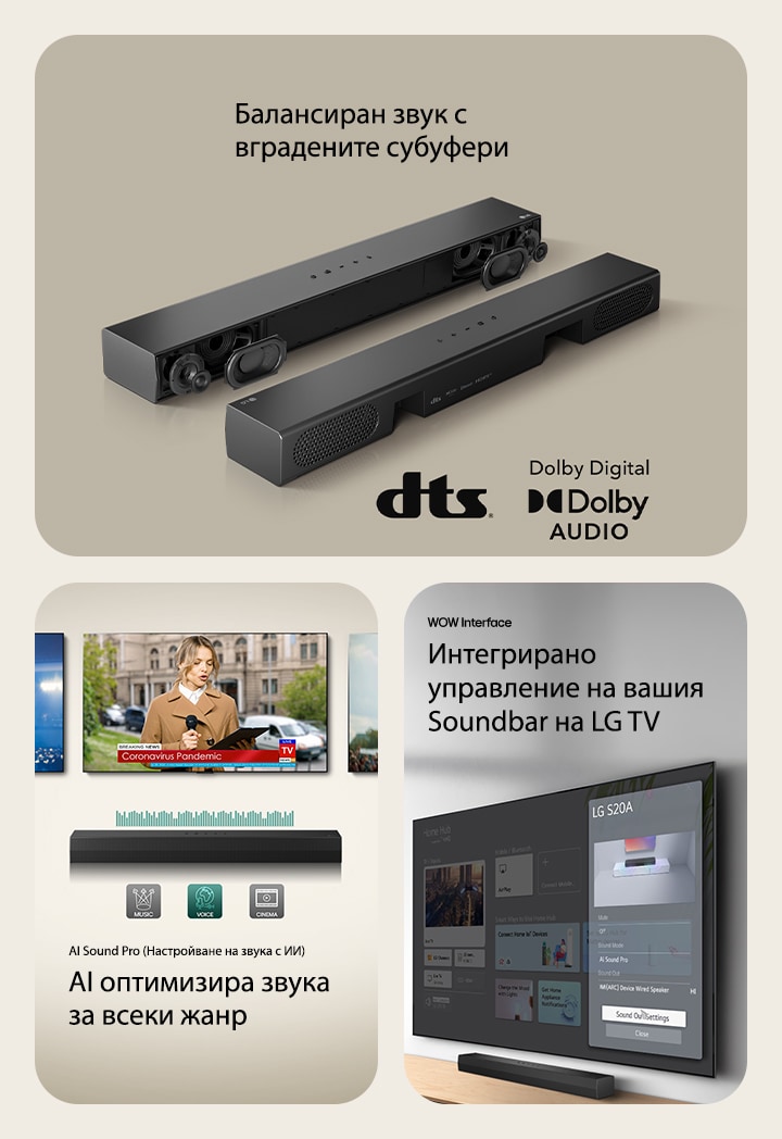 На лявото изображение има 2 S20A Soundbar, като на единия са показани вътрешните му елементи, като нискочестотни и високочестотни високоговорители без решетка, а на другия – задната страна. На дясната страна са показани логото на dts и логото на Dolby digital audio. На централното изображение са показани 3 телевизионни екрана: Една сцена с микрофон в ръка, една репортерка, която говори на микрофон и таблет във всяка ръка, и един кон. Под телевизорите е поставен SH5A Soundbar с графики на еквалайзер. В долната част се виждат 3 икони: MUSIC, VOICE и CINEMA. На дясното изображение телевизорът, монтиран на стената, показва началния екран на LG webOS, а SH5A е поставен под телевизора, на масичката. Вляво е показано частично дистанционното управление на LG TV, а вдясно – 4 икони, показващи функциите на WOW Interface.