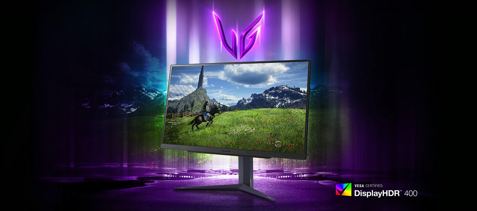 Монитор за игри UltraGear? покзващ изображение на човек, яздещ кон.
