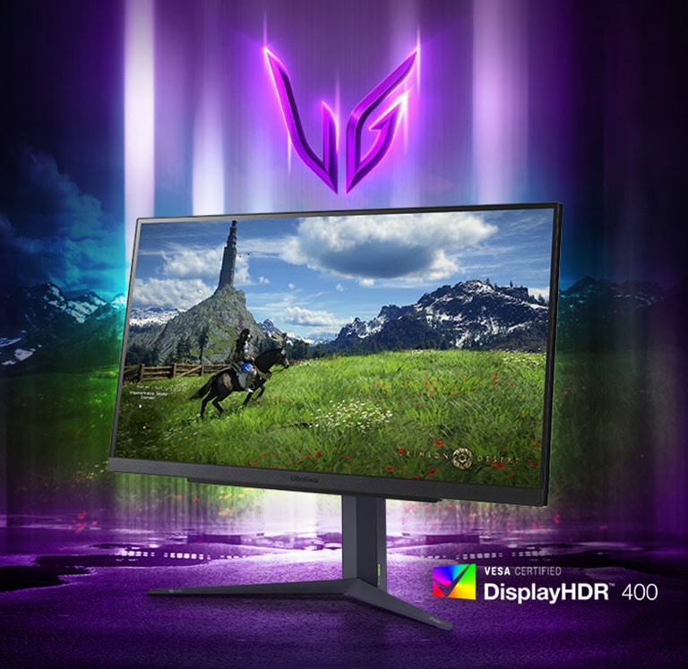 Монитор за игри UltraGear? покзващ изображение на човек, яздещ кон.