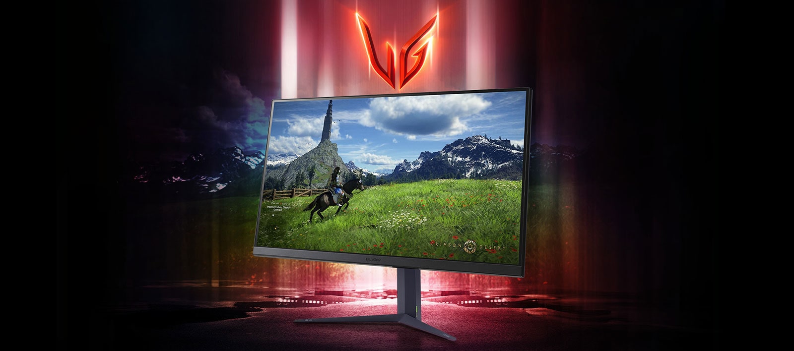Монитор за игри UltraGear? покзващ изображение на човек, яздещ кон.