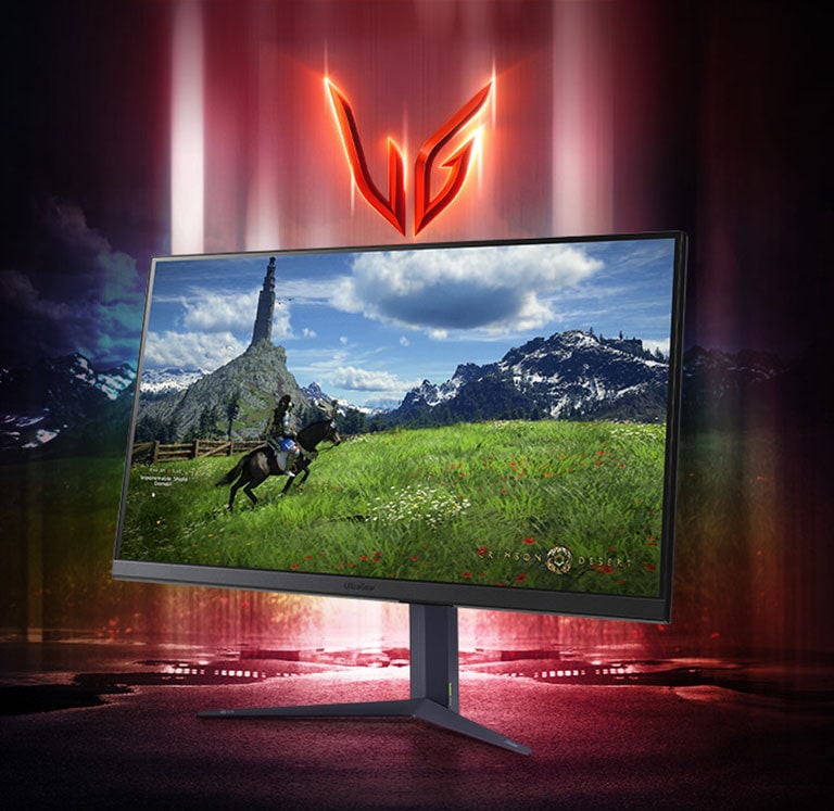 Монитор за игри UltraGear? покзващ изображение на човек, яздещ кон.