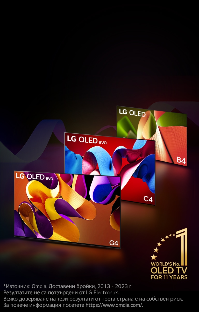 LG OLED evo TV C4, evo G4 и B4, подредени в редица на черен фон с фини цветни спирали. На изображението се показва емблемата ?World's number 1 OLED TV for 11 Years“.  Обяснението за отказ от отговорност гласи: ?Източник: Omdia. Доставени бройки, от 2013 до 2023 г. Резултатите не са потвърдени от LG Electronics. Всяко доверяване на тези резултати от трета страна е на собствен риск. За повече информация посетете https://www.omdia.com/.“