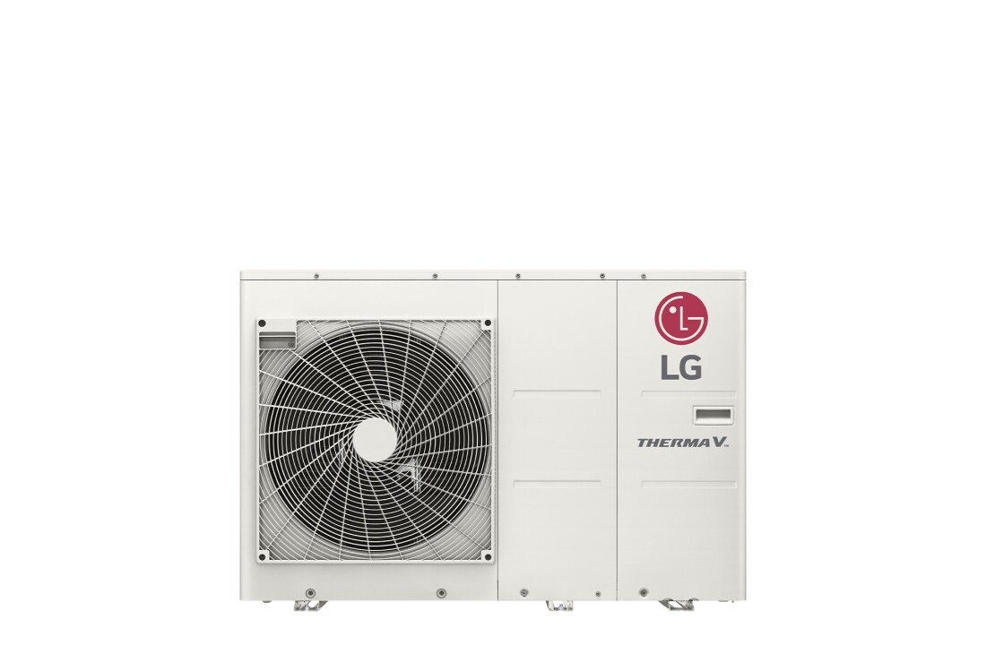 LG R32 Monobloc S, 1?, 9kW, Изглед отпред на бял правоъгълен LG R32 Monobloc S с един кръгъл вентилатор и лого на LG горе вдясно., HM091MR U44