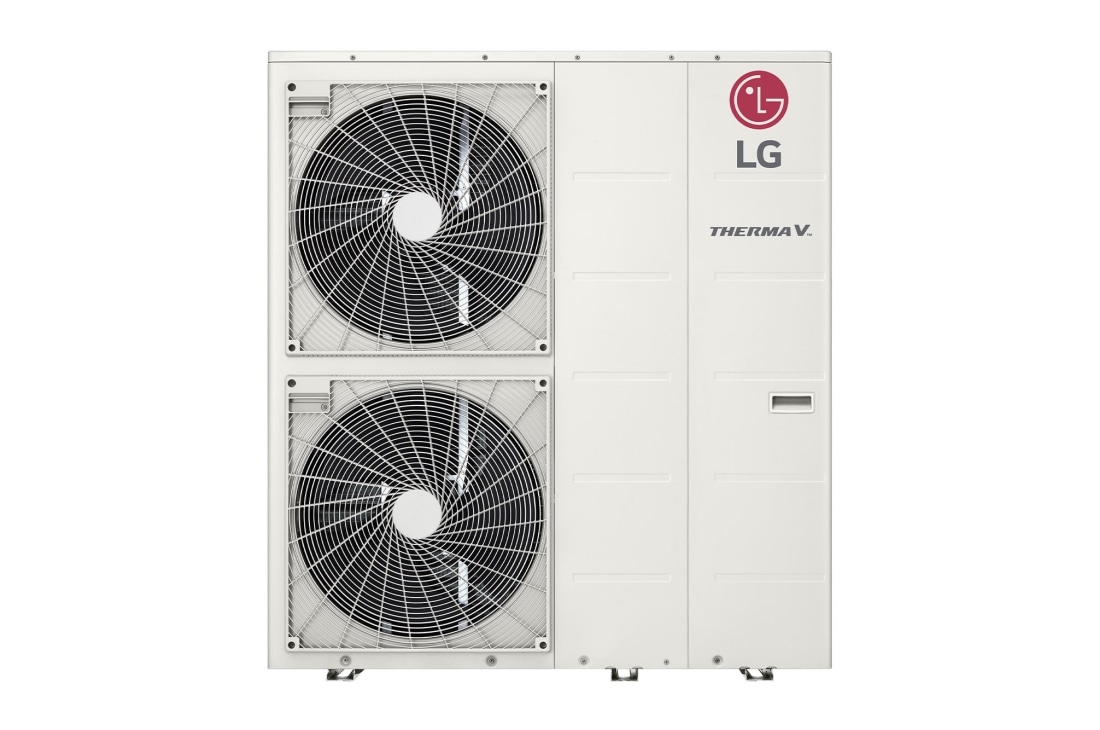 LG R32 Monobloc S, 3?, 16kW, Изглед отпред на бял правоъгълен LG R32 Monobloc S с два кръгли вентилатора във вертикална посока и лого на LG горе вдясно., HM163MR U34