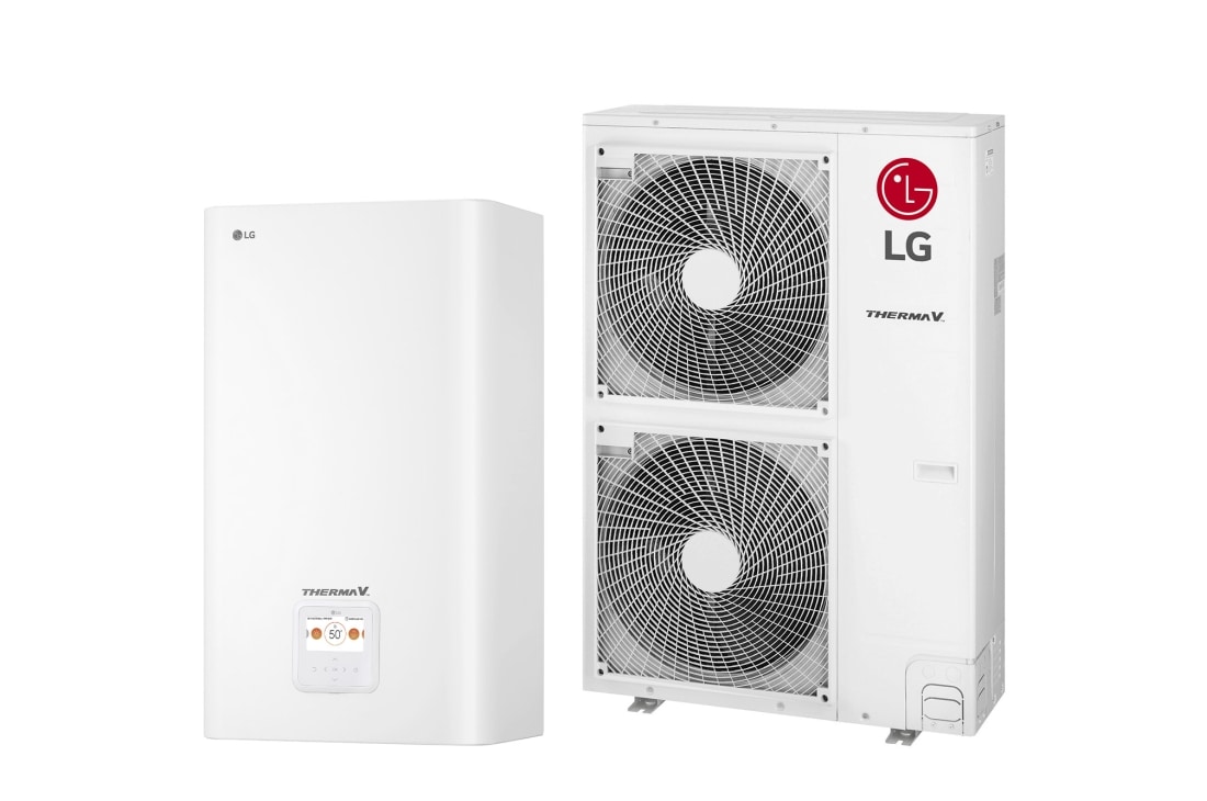 LG R410A Split Hydro Box, 1?, 12kW, 45-градусов изглед отдясно на бяло правоъгълно вътрешно тяло и външно тяло с два кръгли вентилатора, показани едно до друго., HN1616M NK5 + HU121MA U33