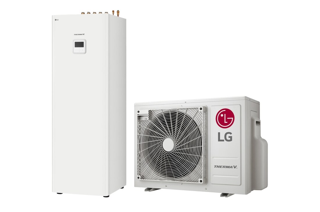 LG R32 Split 4/6 kW IWT, 1?, 6kW, 45-градусов изглед отдясно на бяло правоъгълно IWT вътрешно тяло и стоящо на пода външно тяло с кръгъл вентилатор, показани едно до друго. , HN0613T NK0 + HU061MR U20