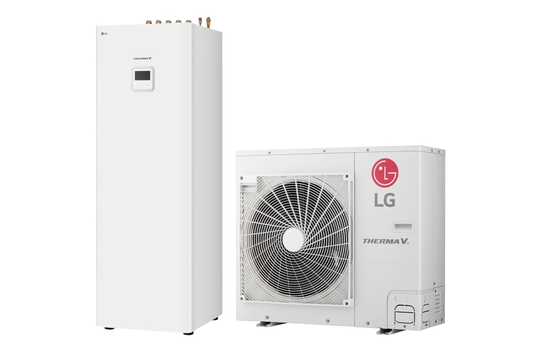 LG R32 Split 5/7/9 kW IWT, 1?, 9kW, 45-градусов изглед отдясно на бяло правоъгълно IWT вътрешно тяло и стоящо на пода външно тяло с кръгъл вентилатор, показани едно до друго., HN0913T NK0 + HU091MR U44