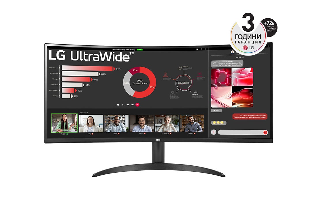 LG 34” UltraWide? 21:9 извит VA монитор с 100 Hz честота на опресняване, изглед отпред, 34WR50QC-B