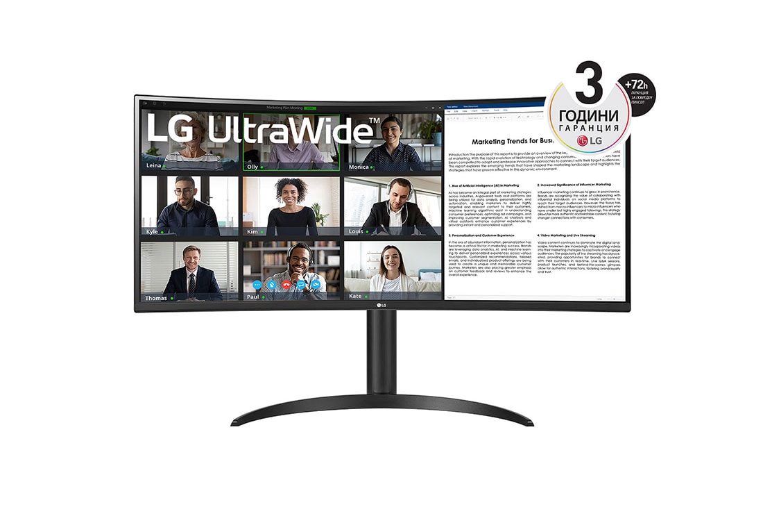 LG 34” UltraWide? 21:9 извит VA монитор с 100 Hz честота на опресняване, изглед отпред, 34WR55QC-B