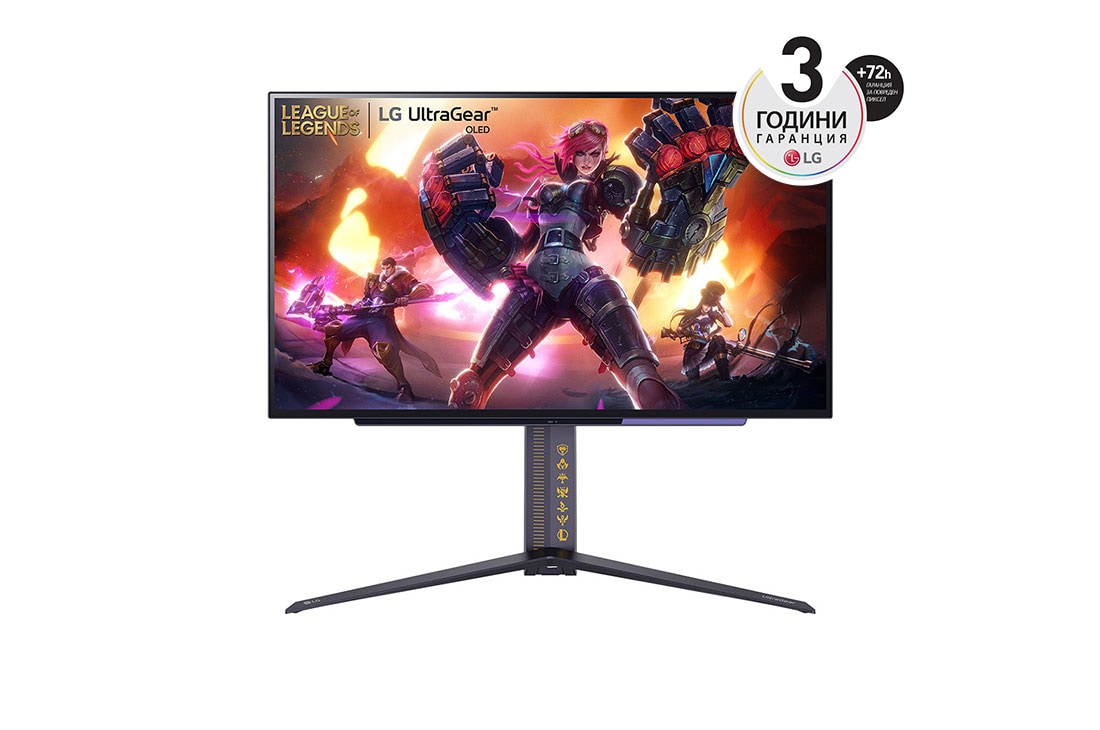 LG 27” UltraGear? 16:9 аспектно съотношение OLED QHD League of Legends Edition геймърски монитор с 240 Hz честота на опресняване, изглед отпред, 27GR95QL-B