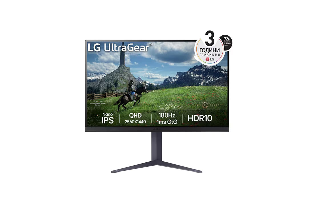 LG 32 инча UltraGear? QHD Nano IPS 180Hz монитор за игри | 1ms (GtG), HDR10, изглед отпред, 32GS85Q-B