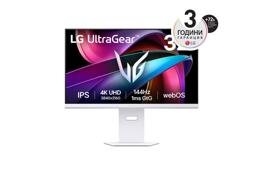 LG 32'' UltraGear? IPS 16:9 4K UHD AI интелигентен монитор за игри със 144Hz честота на опресняване, изглед отпред, 32G810SA-W