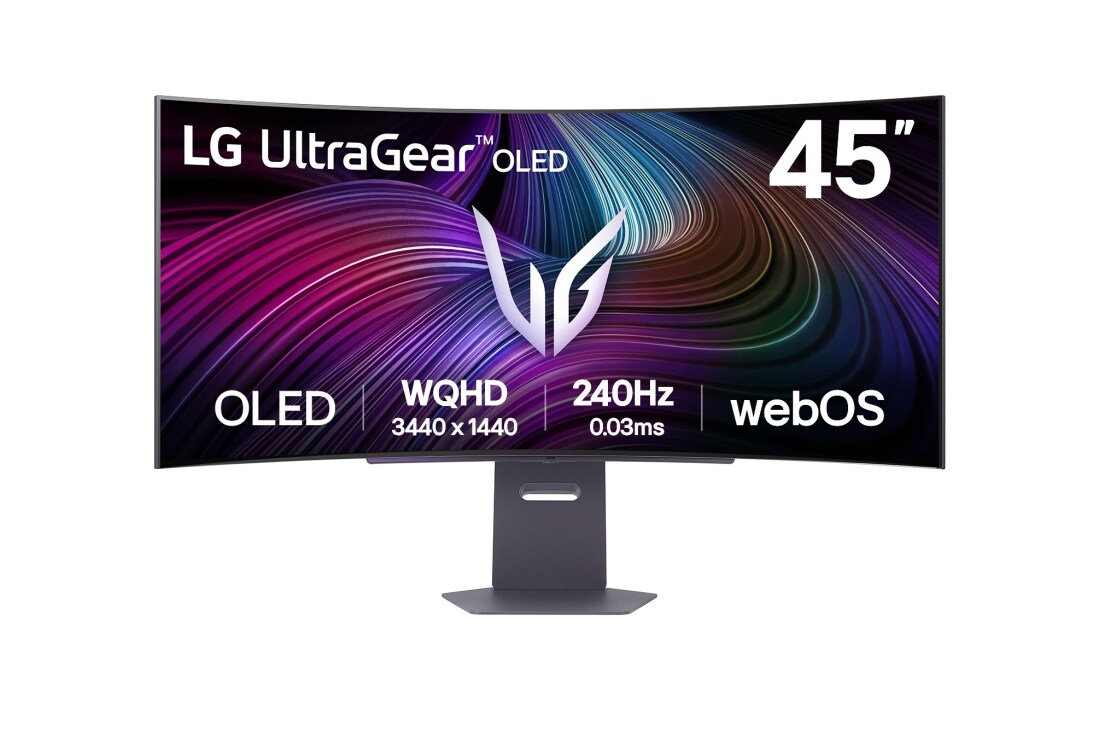 LG UltraGear? 45-инчов OLED 240Hz WQHD извит смарт монитор за игри | webOS, 0,03 ms (GtG), 240Hz, DisplayHDR True Black 400, изглед отпред, 45GX90SA-B