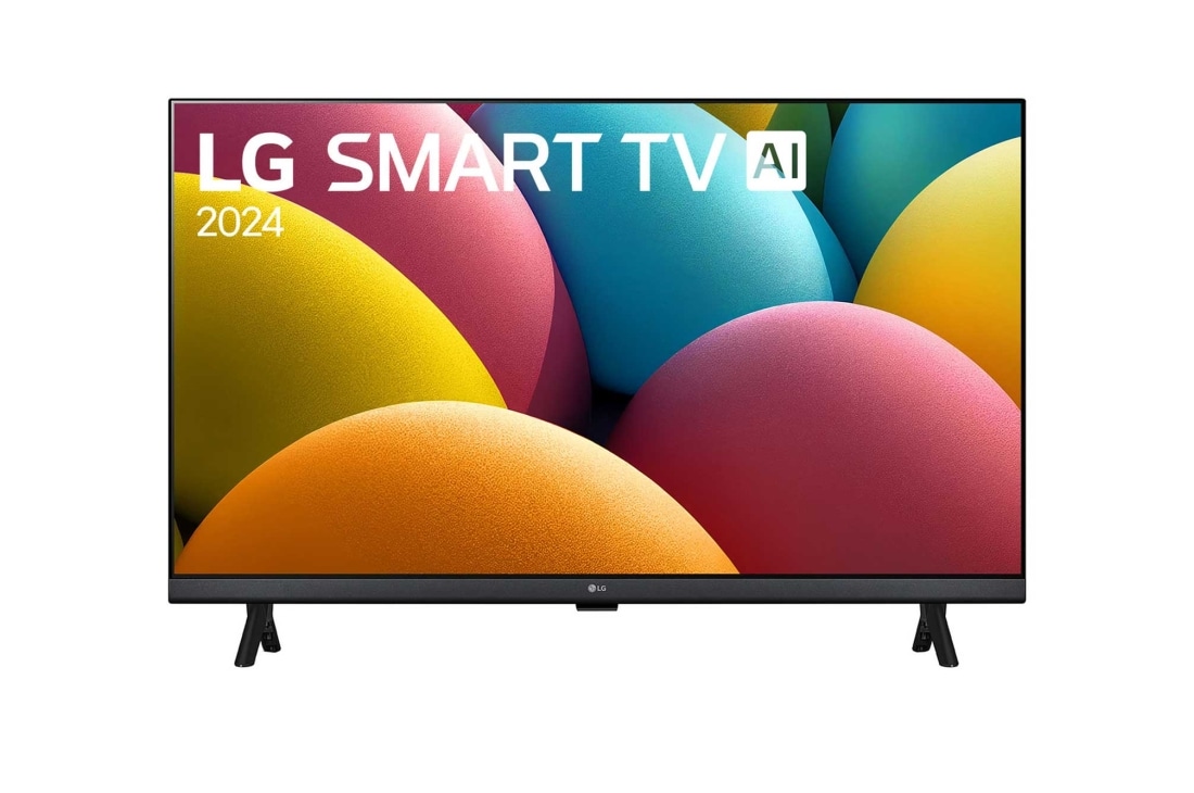 LG 32-инчов LG HD LR60 Smart TV AI 2024, Преден изглед на LG HD TV, LR60 с текст на LG SMART TV AI и 2024 на екрана с двуполюсна стойка, 32LR60006LA