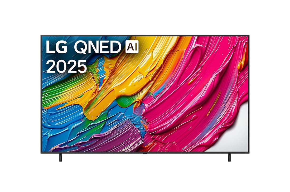 LG 86 инчов LG QNED AI QNED80 4K Smart TV 2025, Изглед отпред на LG QNED TV, лого LG QNED evo Al Logo в горния ъгъл. LG QNED TV показва цветни текстури на бои, които се съчетават., 86QNED80A3A