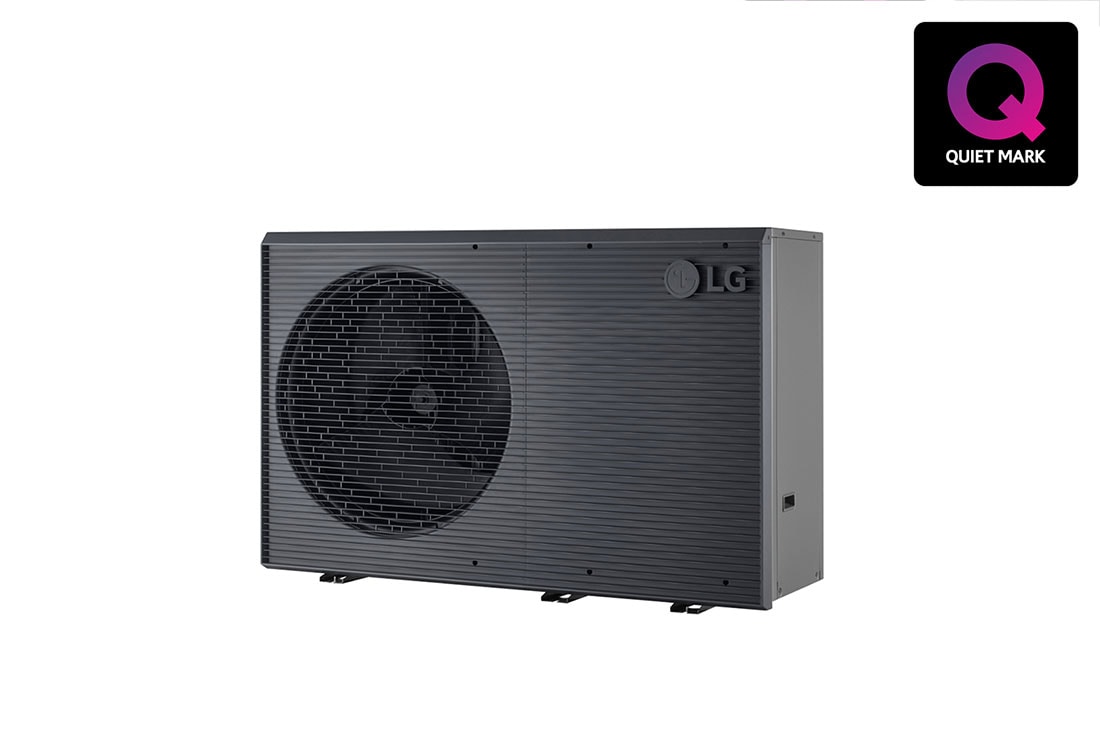 LG R290 Monobloc Hydro Unit, 1?, 12kW, Термопомпа въздух-вода THERMA V от LG, Външно тяло в черен цвят със сива вълнообразна решетка, R290 Hydrosplit