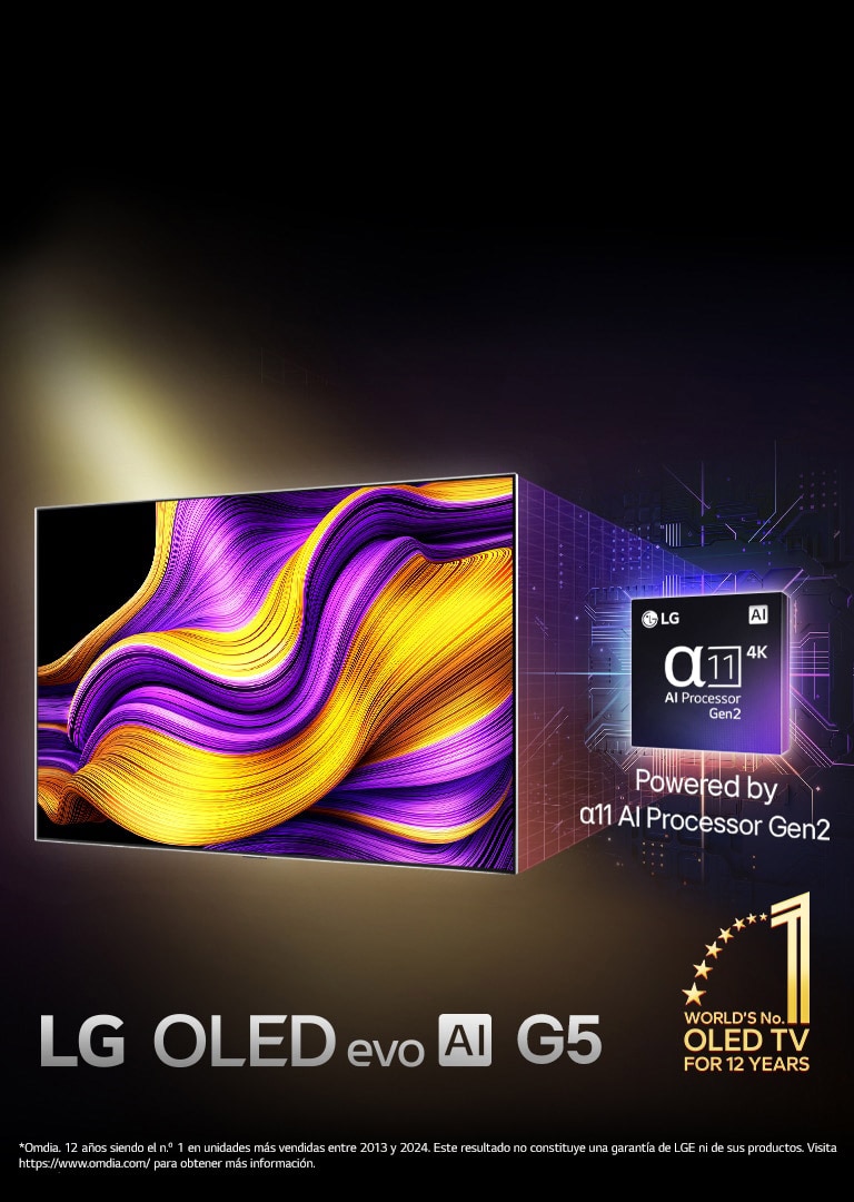 En la pantalla de una TV LG OLED evo AI aparece una imagen abstracta con detalles, colores y un contraste impactantes. Detrás de la TV, se muestra una versión ampliada del procesador alpha 11 AI Gen2. Brilla con una luz que ilumina los circuitos de microchips a su alrededor. El título dice LG OLED evo AI. También puede verse el texto: Con la tecnología del procesador LG alpha 11 AI Gen2. En la esquina aparece un logotipo dorado con estrellas que dice: La OLED TV número uno del mundo durante 12 a?os.