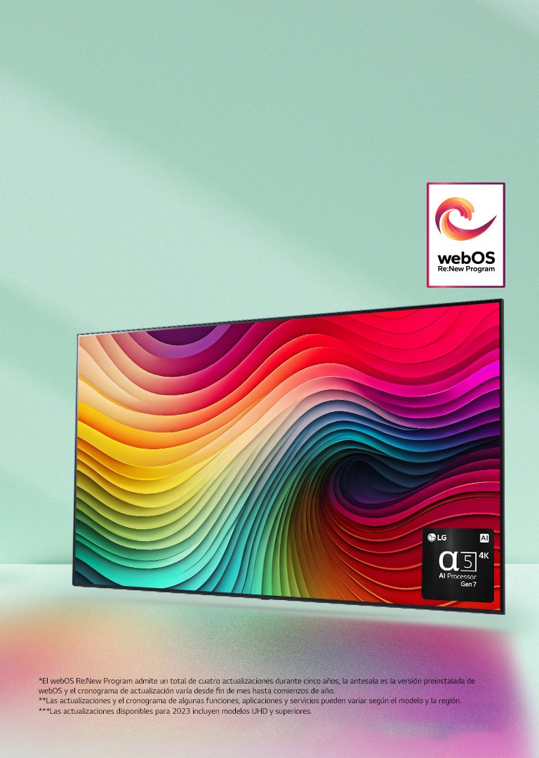 La LG NanoCell TV con un fondo verde menta con arte de espirales multicolores en la pantalla e imagen del procesador alpha 5 IA Gen 7 en la esquina inferior derecha. Irradiando luz, proyectando sombras coloridas debajo. El logo “webOS Re:New Program” está en la imagen. Un descargo de responsabilidad dice: “El webOS Re:New Program admite un total de cuatro actualizaciones durante cinco a?os, la antesala es la versión preinstalada de webOS y el cronograma de actualización varía desde fin de mes hasta comienzos de a?o”. “Las actualizaciones y el cronograma de algunas funciones, aplicaciones y servicios pueden variar según el modelo y la región”. “Las actualizaciones disponibles para 2023 incluyen modelos UHD y superiores”.