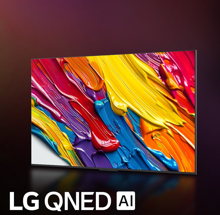 LG QNED TV sobre un colorido fondo oscuro. En la pantalla hay una ilustración brillante y colorida en la que se muestra la tecnología de color QNED y su capacidad para mostrar un amplio espectro de tonos con gran contraste. Se puede ver el logotipo de LG QNED AI. En el título dice “Todos los colores redefinidos con el color QNED dinámico”.