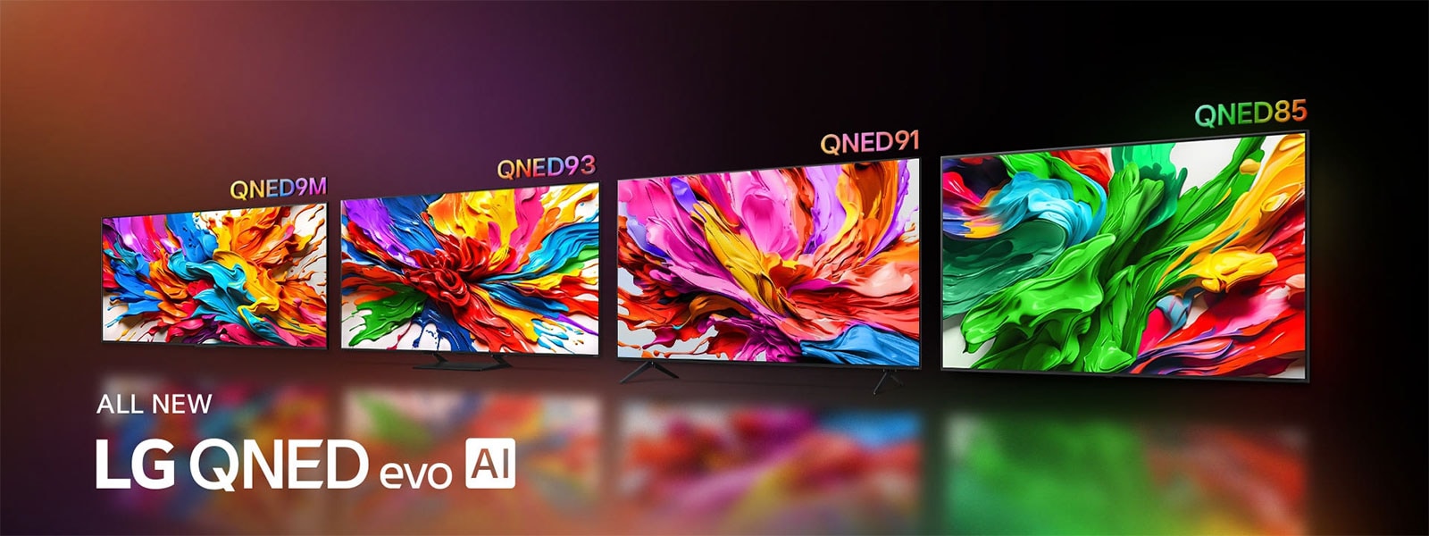 Televisores LG QNED92 y LG QNED85, uno al lado del otro. Pantallas con ilustraciones coloridas que destacan la nueva tecnología de reproducción de colores vivos y vibrantes de LG QNED. También se muestra el logotipo ALL NEW LG QNED evo AI.
