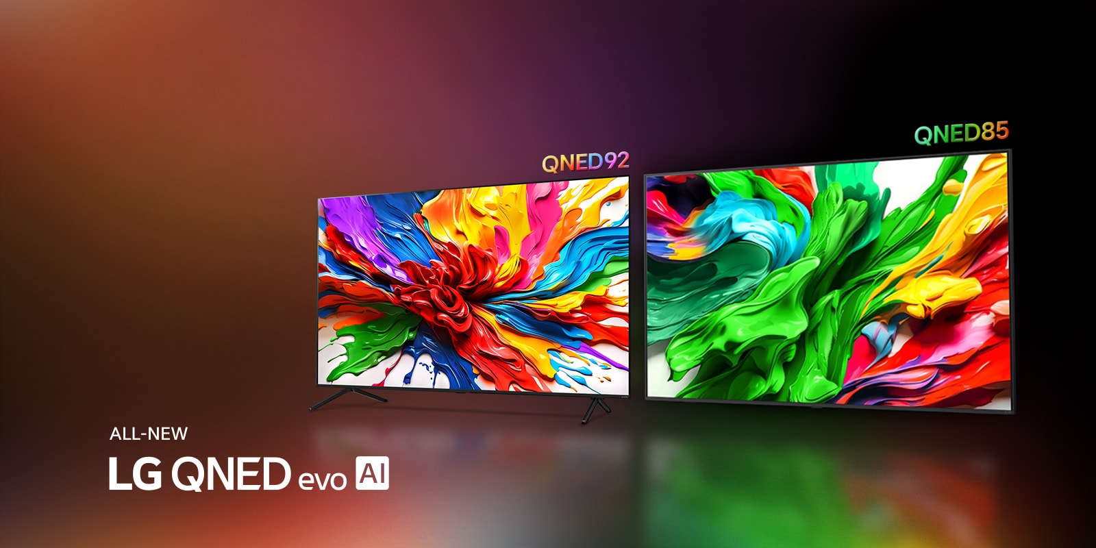 Televisores LG QNED92 y LG QNED85, uno al lado del otro. Pantallas con ilustraciones coloridas que destacan la nueva tecnología de reproducción de colores vivos y vibrantes de LG QNED. También se muestra el logotipo ALL NEW LG QNED evo AI.