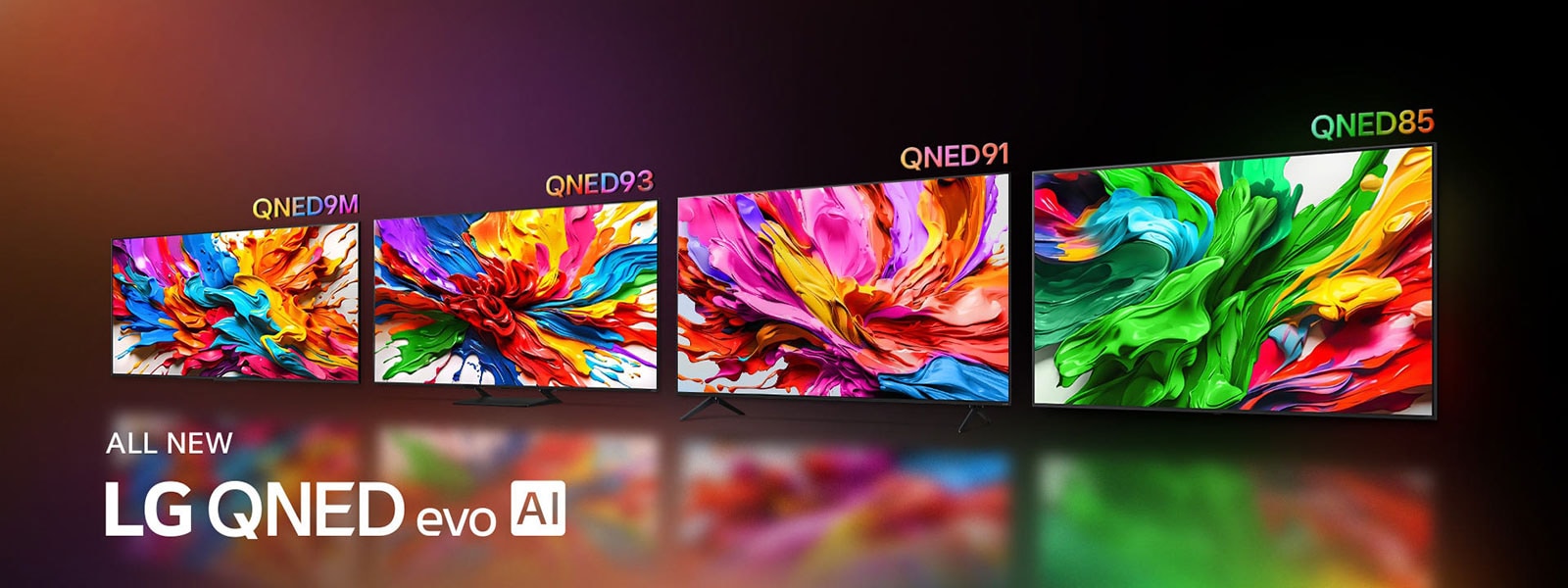 Televisores LG QNED92 y LG QNED85, uno al lado del otro. Pantallas con ilustraciones coloridas que destacan la nueva tecnología de reproducción de colores vivos y vibrantes de LG QNED. También se muestra el logotipo ALL NEW LG QNED evo AI.