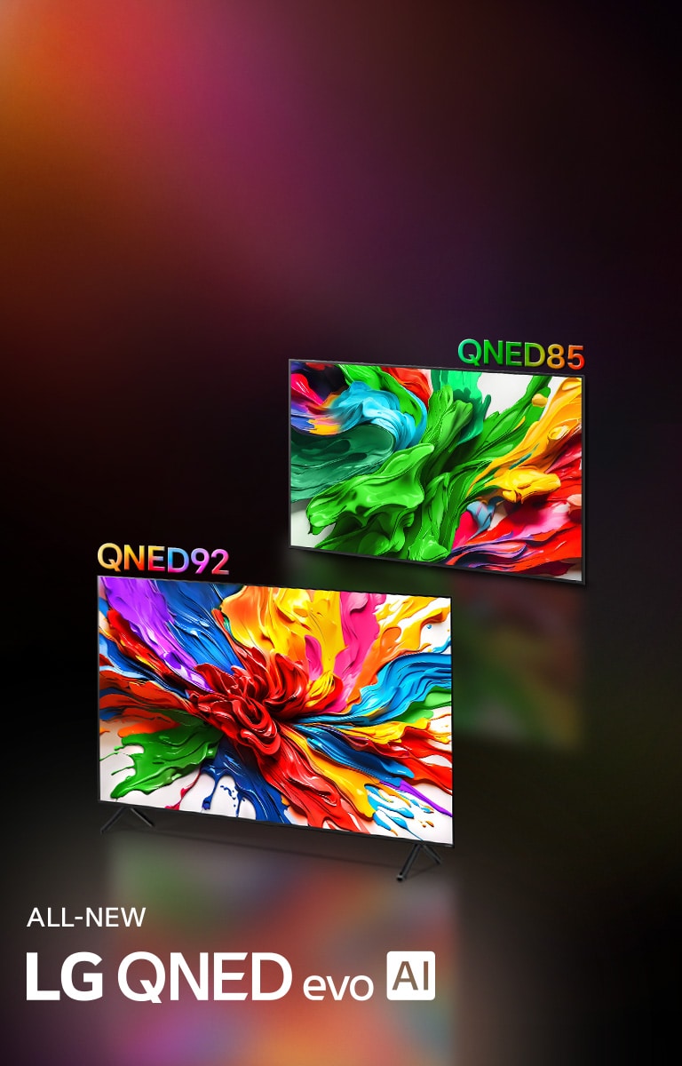 Televisores LG QNED92 y LG QNED85, uno al lado del otro. Pantallas con ilustraciones coloridas que destacan la nueva tecnología de reproducción de colores vivos y vibrantes de LG QNED. También se muestra el logotipo ALL NEW LG QNED evo AI.
