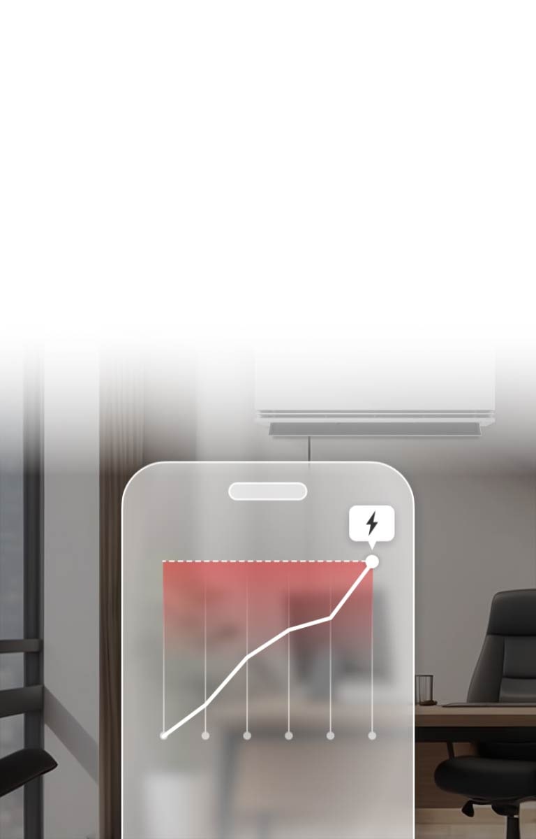 Aire acondicionado LG con kW Manager, enviando alertas en la app LG ThinQ al alcanzar el límite de potencia establecido.