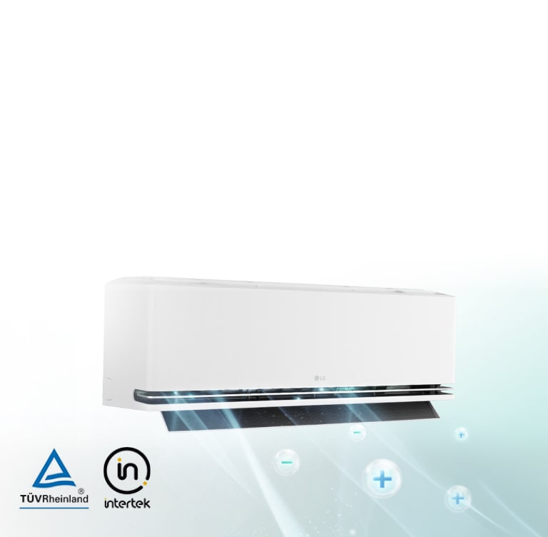 Aire acondicionado blanco montado en la pared mostrando la función del ionizador y los logotipos de TüV Rheinland e Intertek.