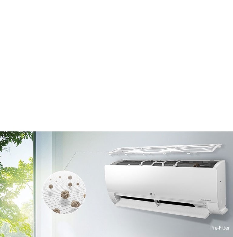 El aire acondicionado LG muestra filtros y polvo atrapado. Logotipo "Pre-Filtro" en la esquina inferior derecha.